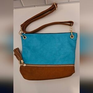 Faux Leather Turquoise and Brown Women's Crossbody Bag